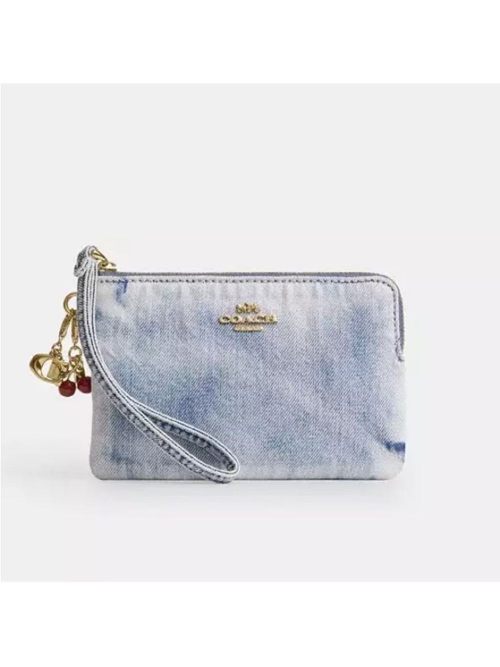 Coach Loved Denim Wash Wristlet Bag with Coach Cherry 🍒 Charm C Gold Charm! NEW